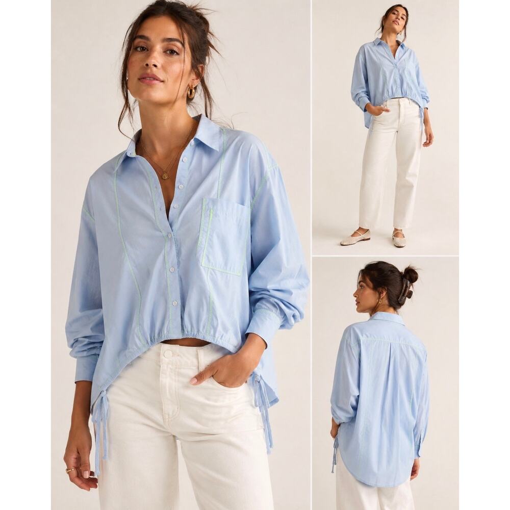 Anthropologie Blue Contrast Stitch Cropped Button Down Shirt Large Oversized